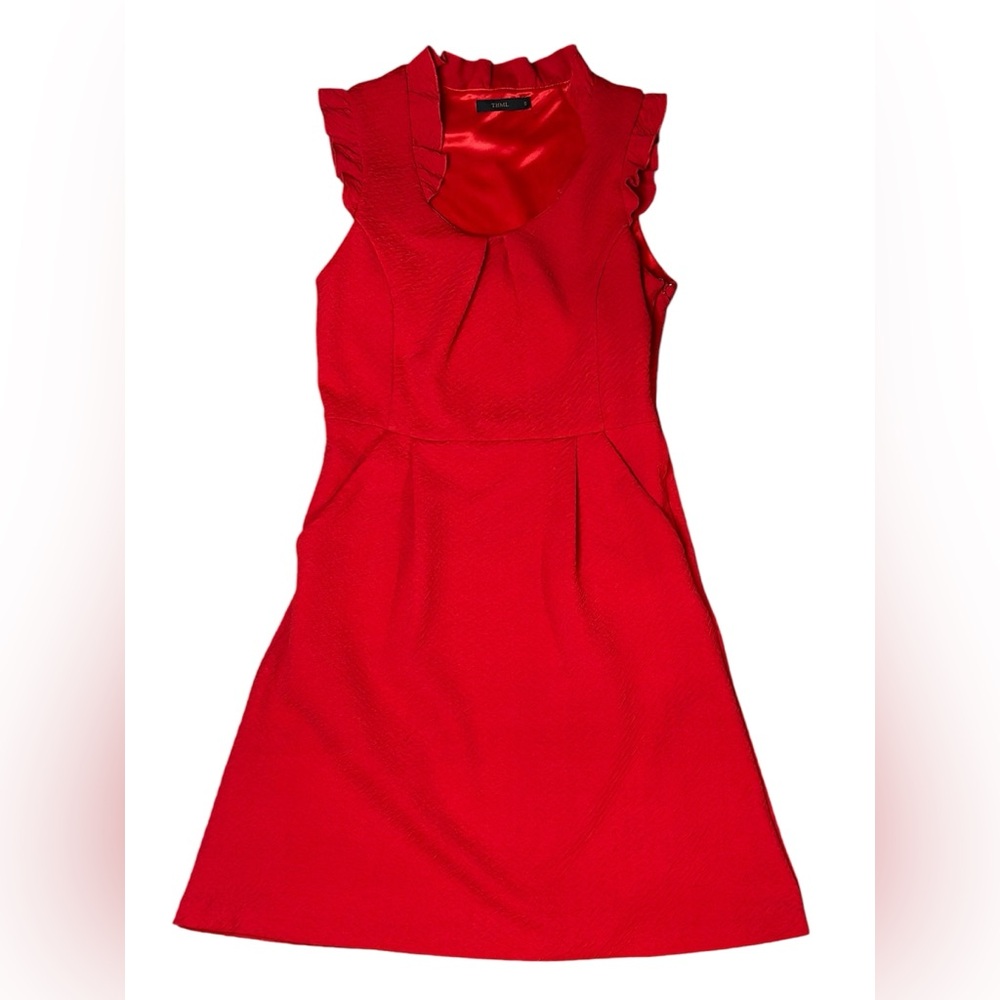THML Vibrant Red Textured Dress with Ruffle Details - Size S A11